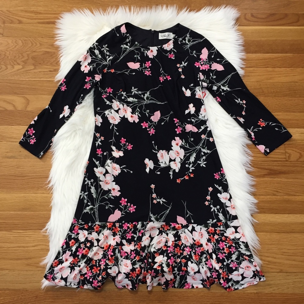 Eliza J Navy Floral Dropped Hem Dress